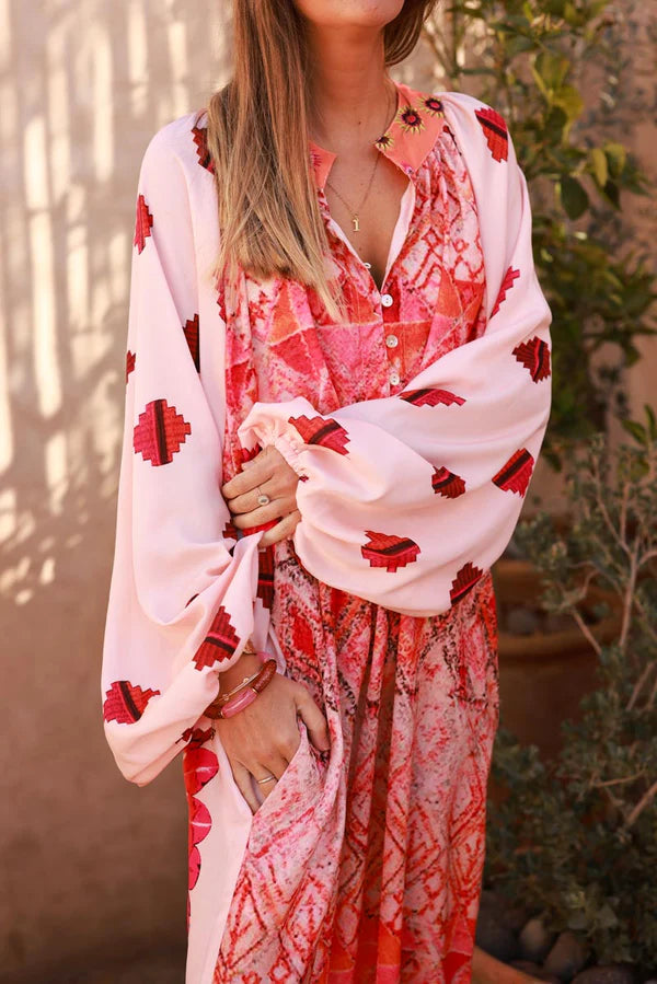 Pink Tribal Print Viscose Blouson Sleeve Maxi Dress