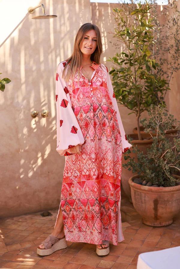Pink Tribal Print Viscose Blouson Sleeve Maxi Dress