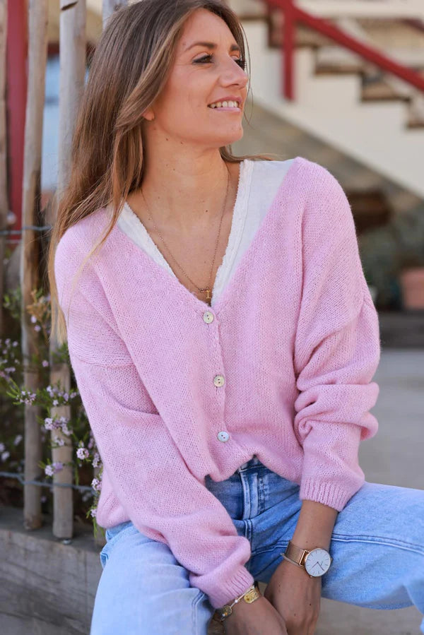 Pink Wool Blend V-Neck Knit Cardigan