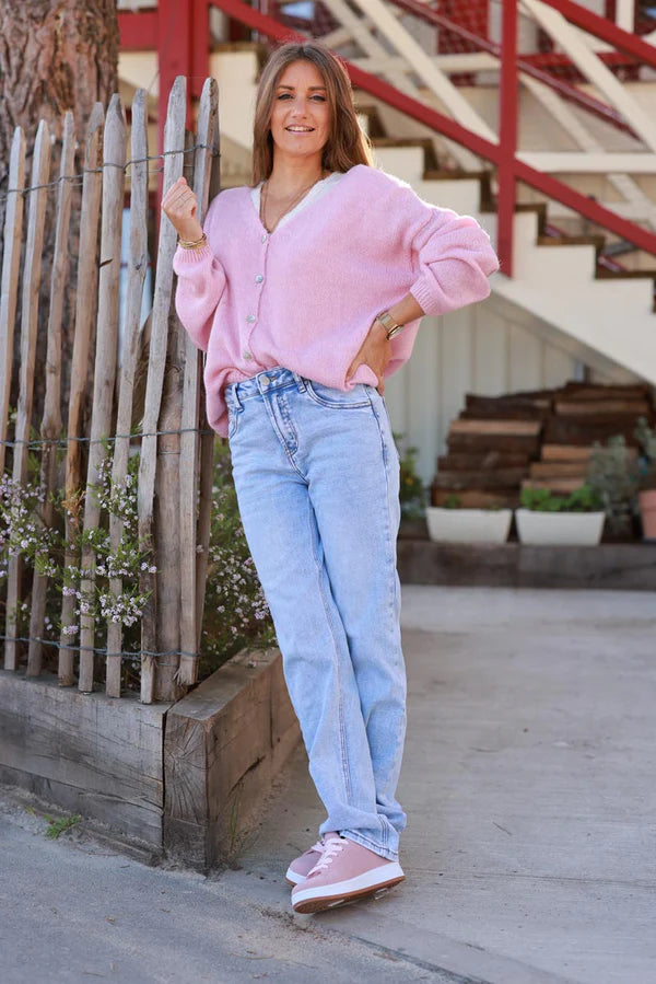 Pink Wool Blend V-Neck Knit Cardigan
