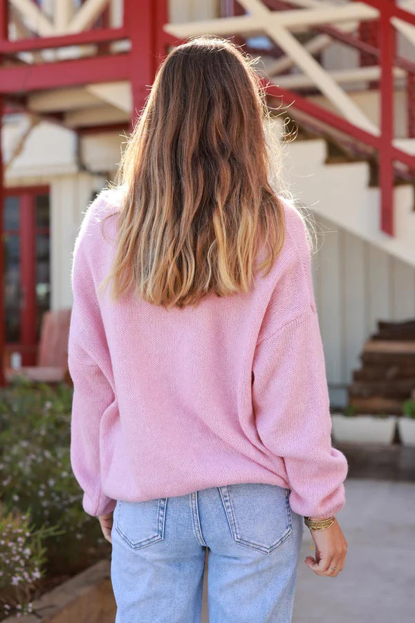 Pink Wool Blend V-Neck Knit Cardigan