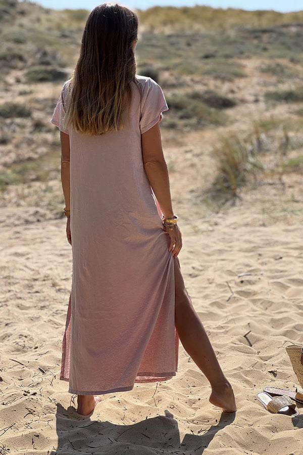 Powder Pink Vintage Rock V-Neck T-Shirt Dress