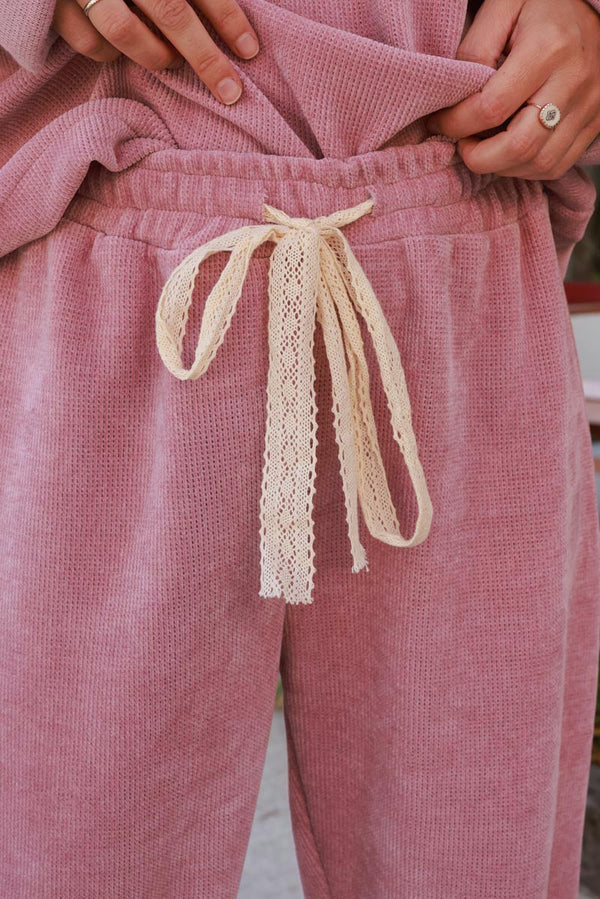 Powder Pink Waffle Velour and Lace Lounge Pants