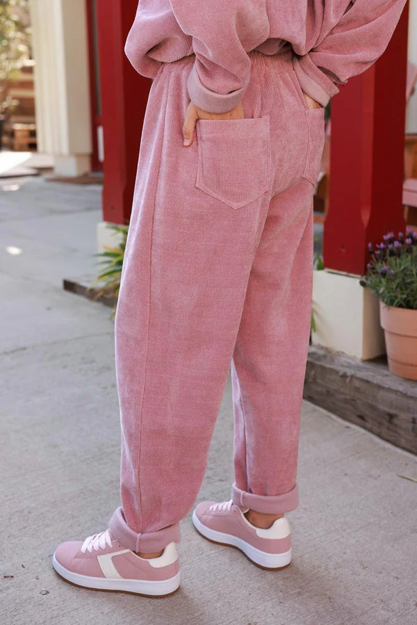 Powder Pink Waffle Velour and Lace Lounge Pants