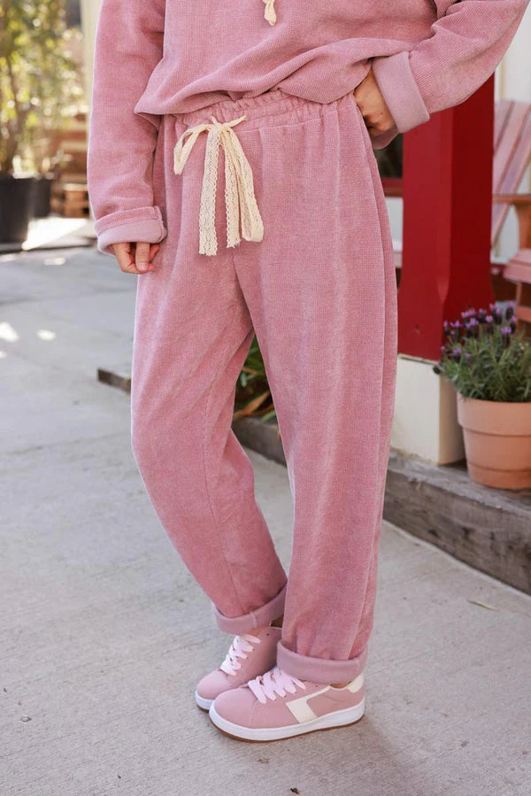 Powder Pink Waffle Velour and Lace Lounge Pants