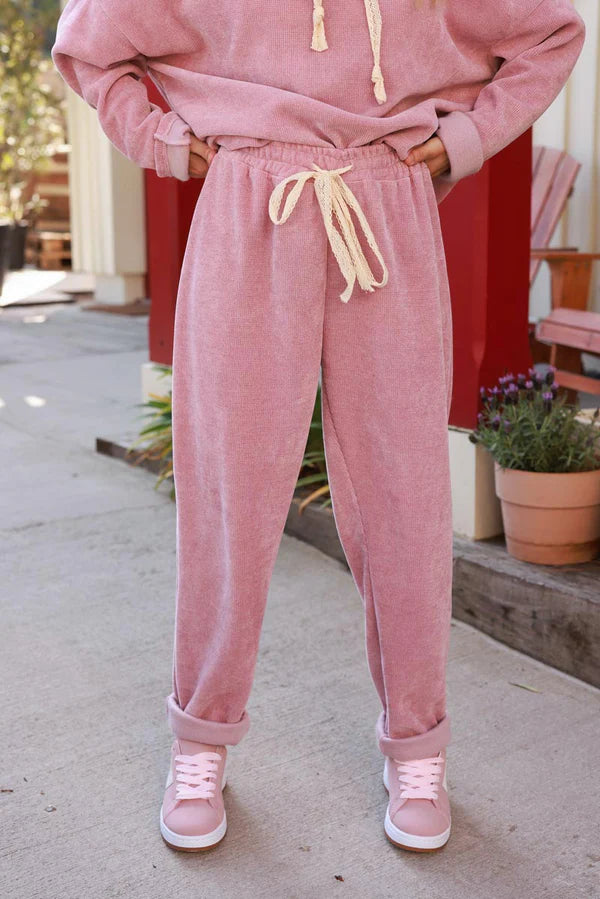 Powder Pink Waffle Velour and Lace Lounge Pants