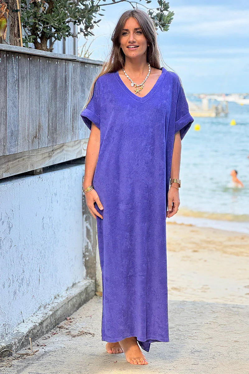 Purple Brushed Terry V-Neck Maxi Dress