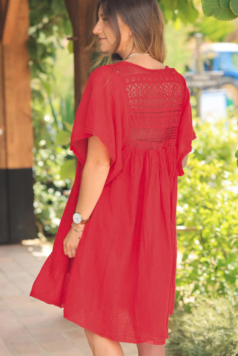 Red Floaty Cotton Dress with Lace Top