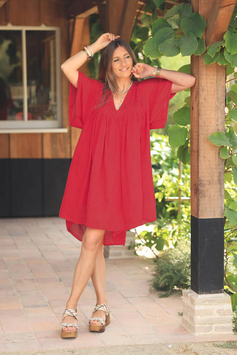 Red Floaty Cotton Dress with Lace Top