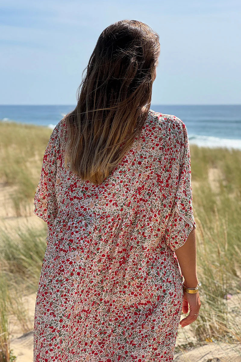 Red Ditsy Floral V-Neck Butterfly Sleeve Maxi Dress