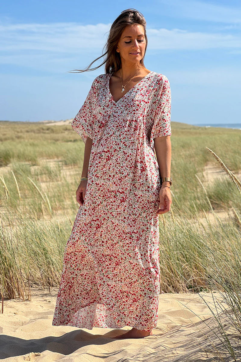 Red Ditsy Floral V-Neck Butterfly Sleeve Maxi Dress