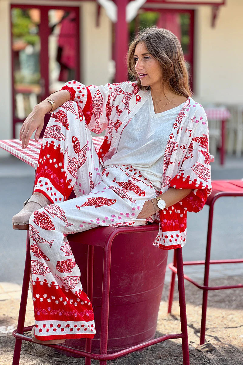 Red Fish Traditional Print Button-Down Blouse