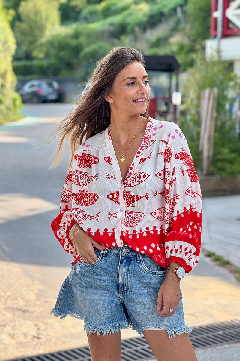 Red Fish Traditional Print Button-Down Blouse