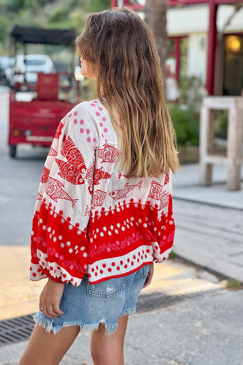 Red Fish Traditional Print Button-Down Blouse