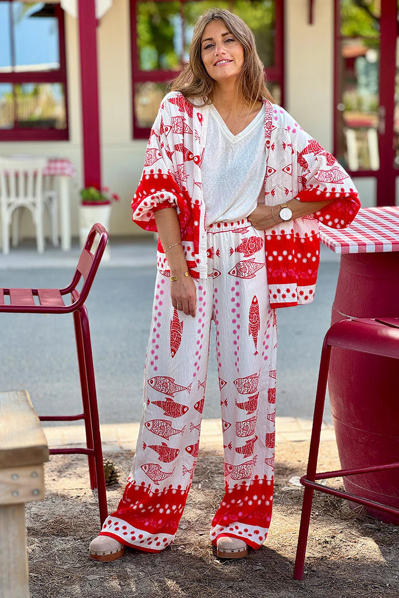 Red Fish Traditional Print Pull-On Pants