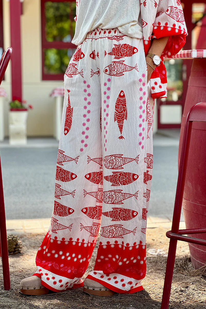 Red Fish Traditional Print Pull-On Pants