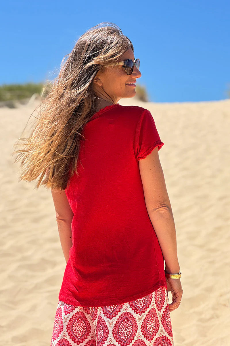 Red Stretch Cotton Tee with Raw Hems