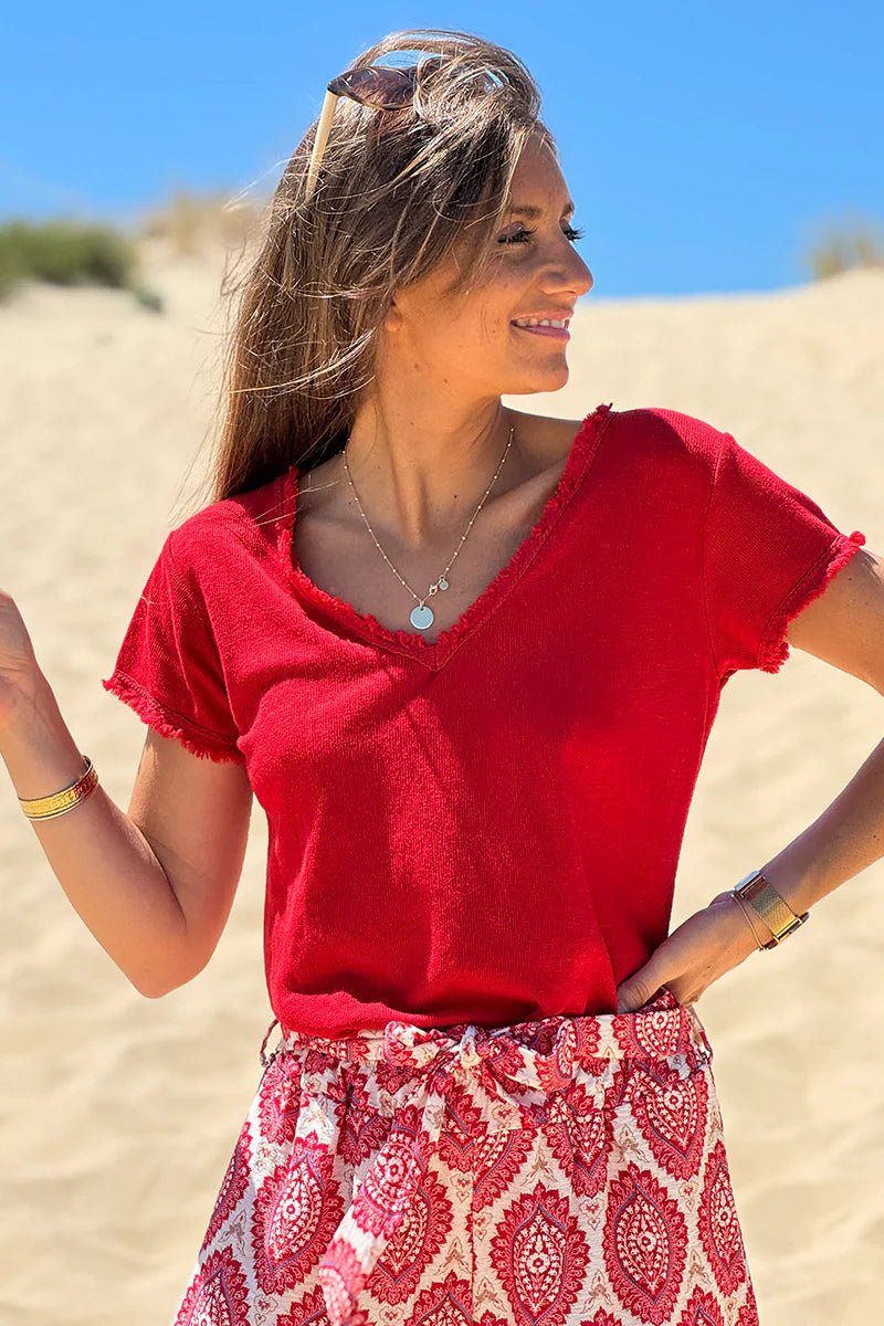 Red Stretch Cotton Tee with Raw Hems