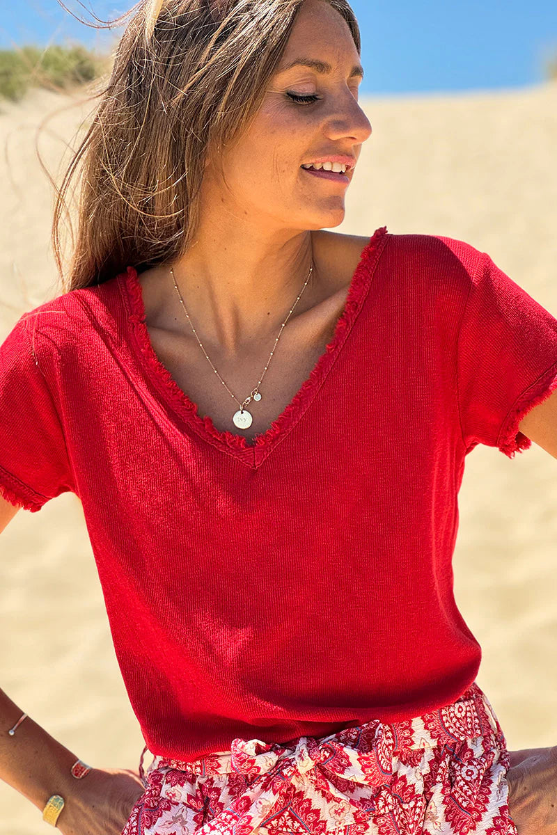 Red Stretch Cotton Tee with Raw Hems