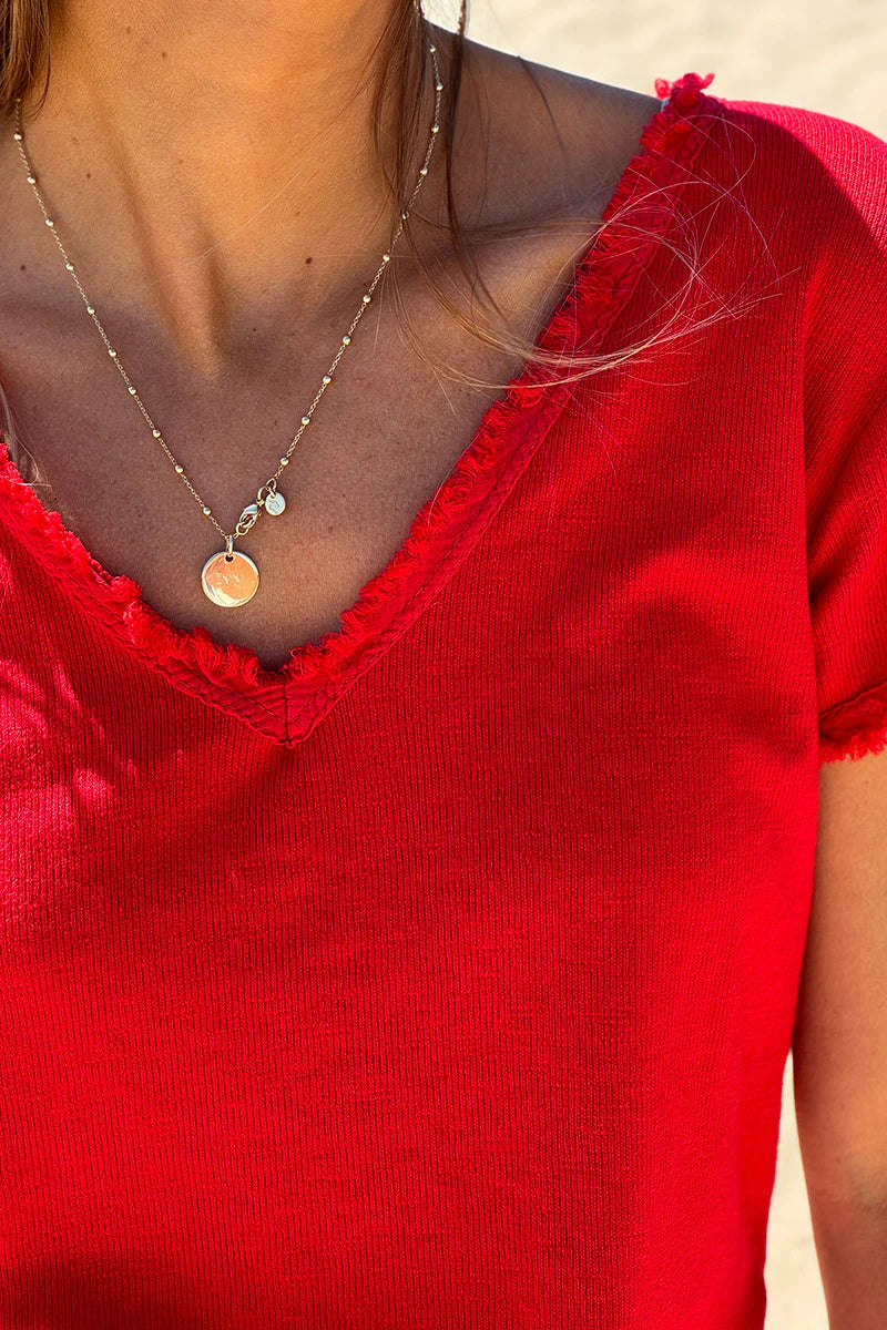 Red Stretch Cotton Tee with Raw Hems