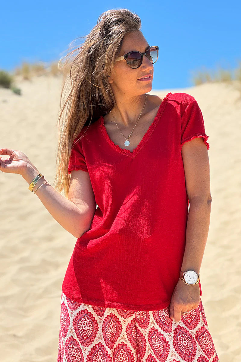 Red Stretch Cotton Tee with Raw Hems
