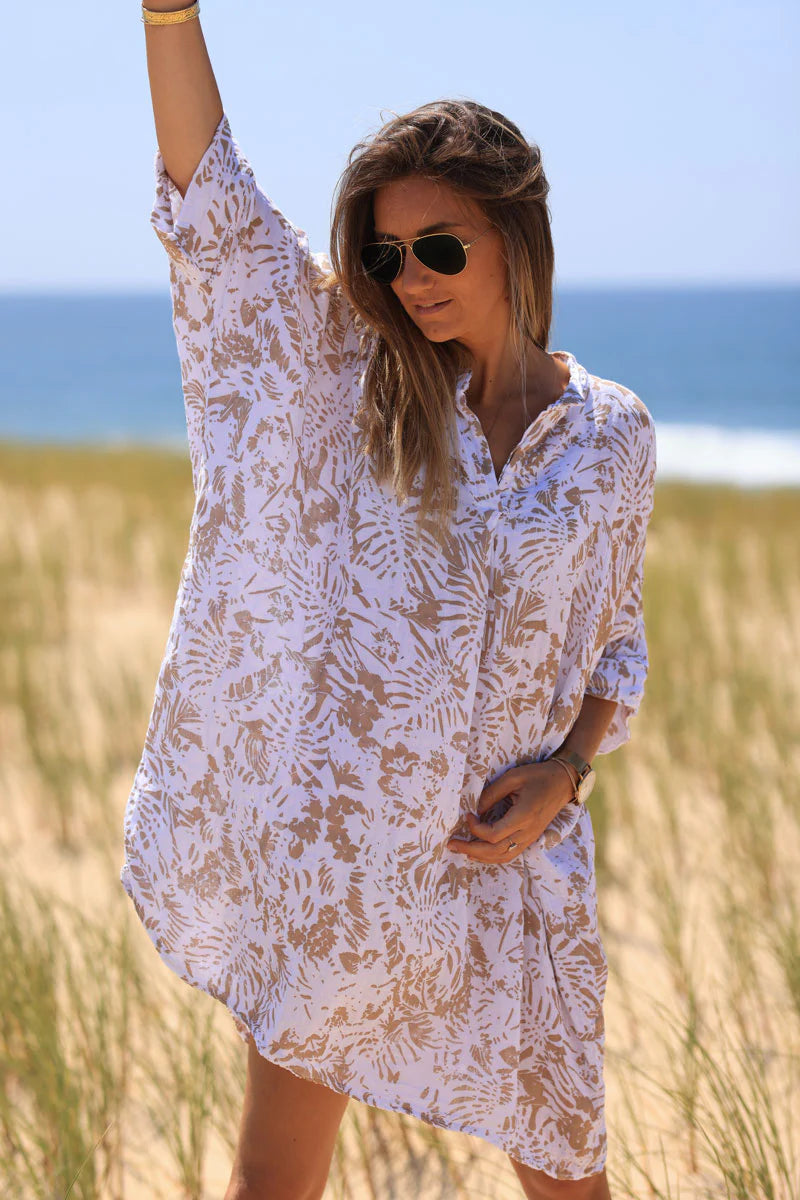 Relaxed Fit Beige Island Print Cotton Dress