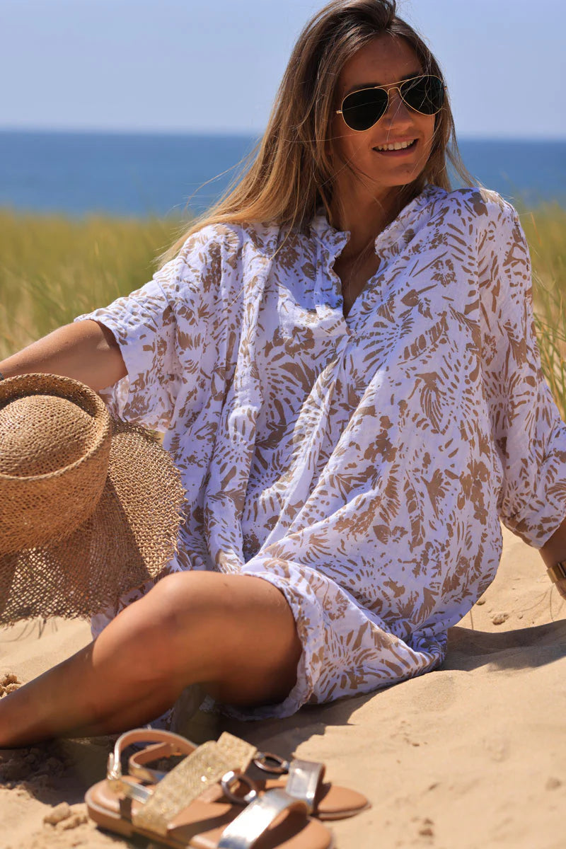 Relaxed Fit Beige Island Print Cotton Dress