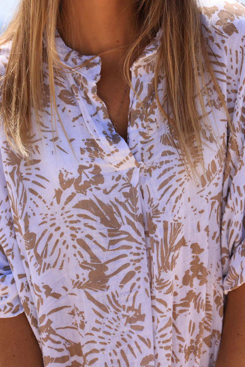 Relaxed Fit Beige Island Print Cotton Dress