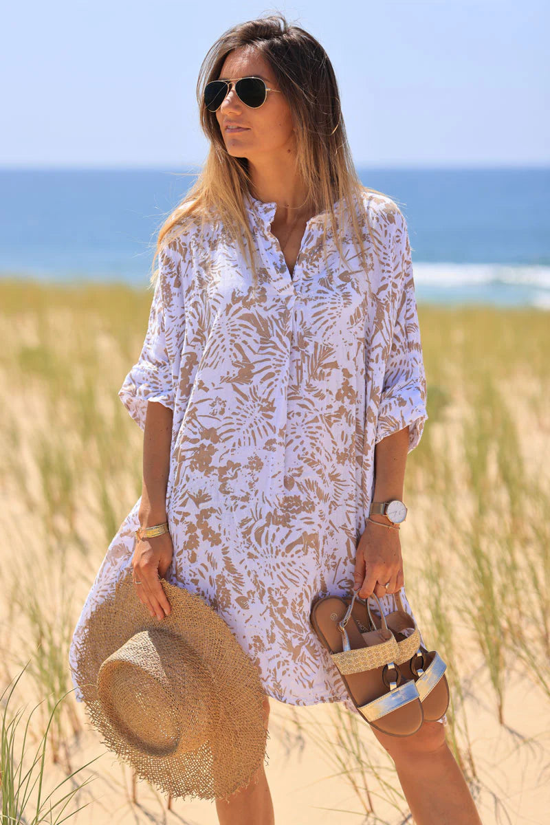 Relaxed Fit Beige Island Print Cotton Dress