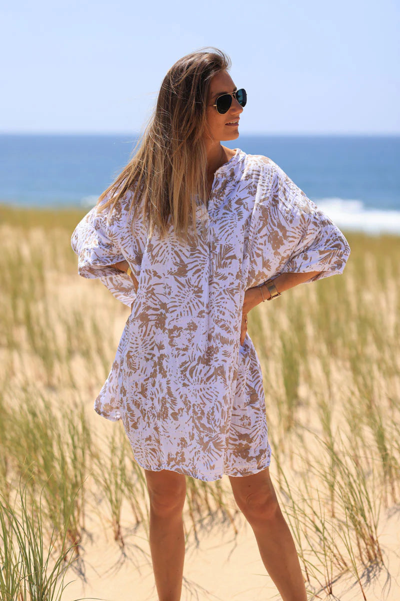 Relaxed Fit Beige Island Print Cotton Dress