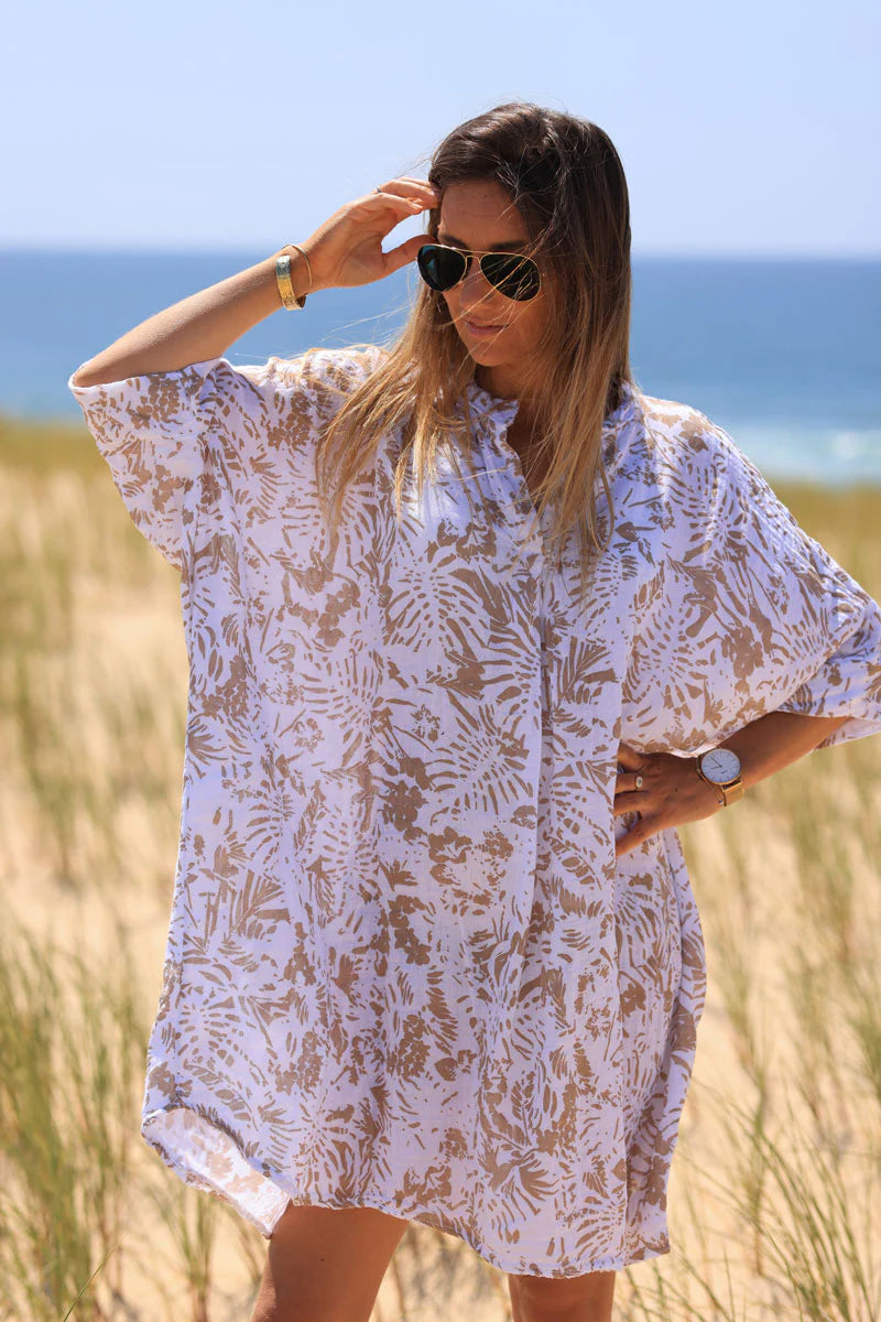 Relaxed Fit Beige Island Print Cotton Dress