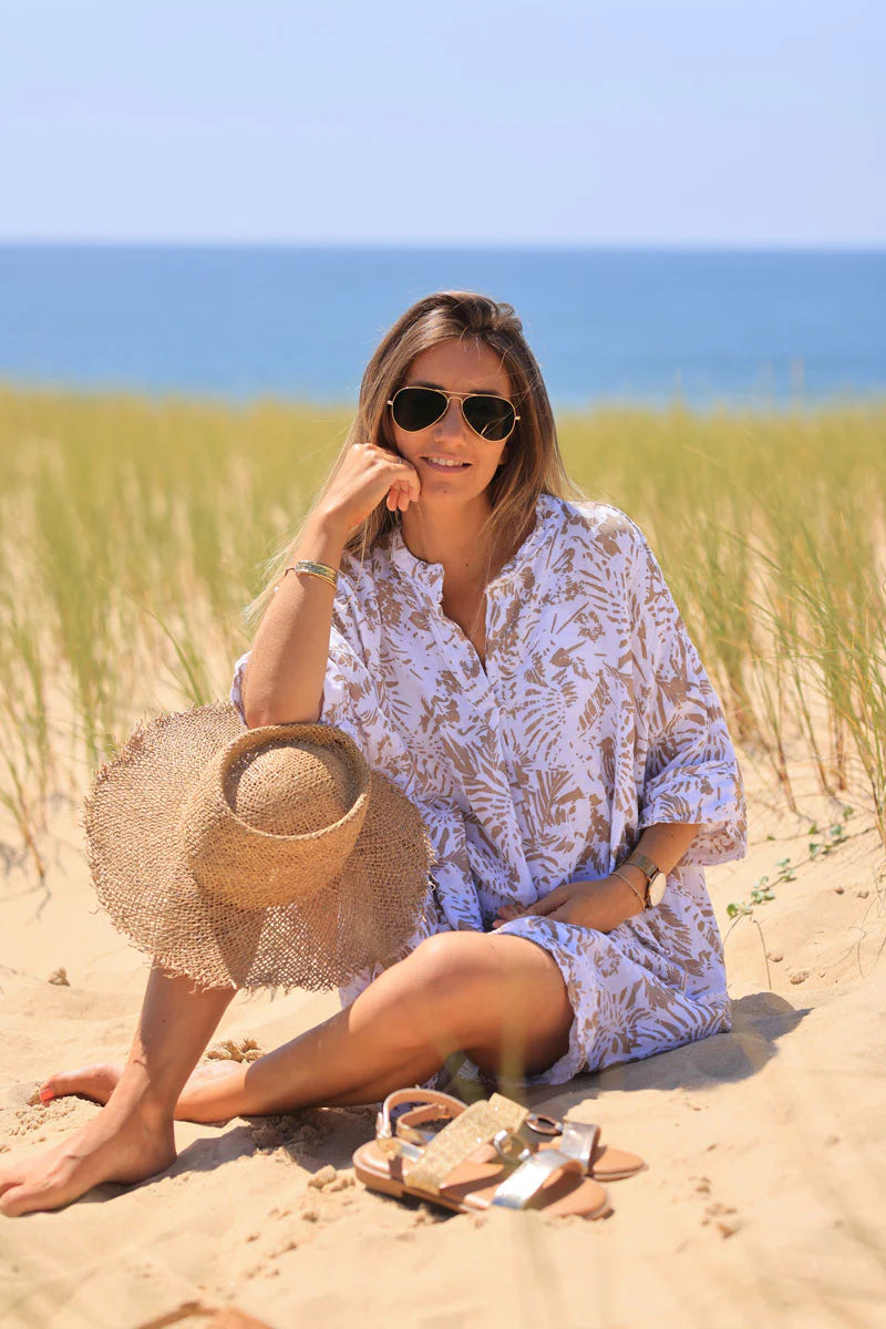 Relaxed Fit Beige Island Print Cotton Dress