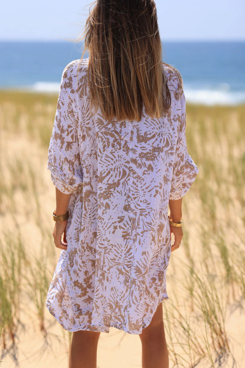 Relaxed Fit Beige Island Print Cotton Dress