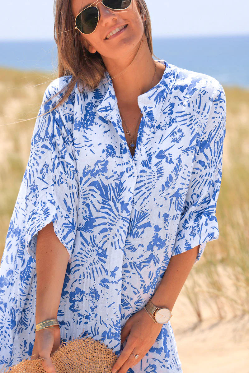 Relaxed Fit Blue Island Print Cotton Dress