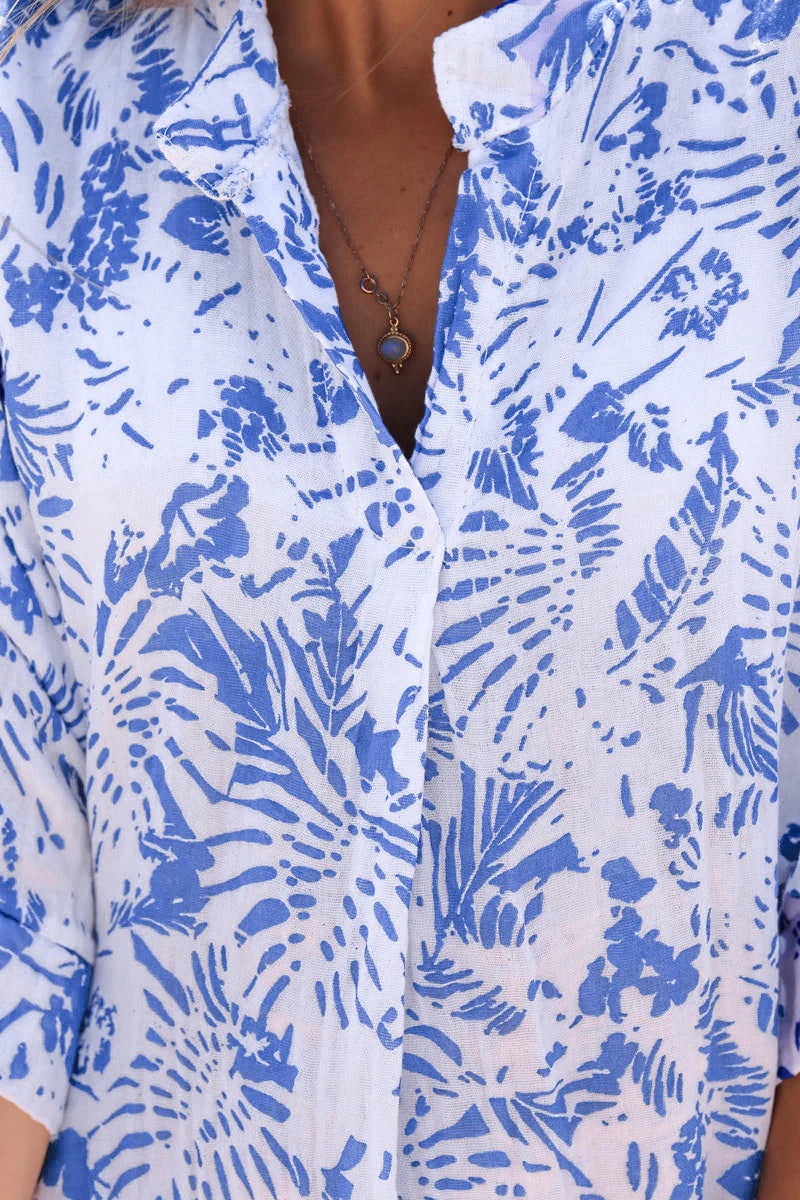 Relaxed Fit Blue Island Print Cotton Dress