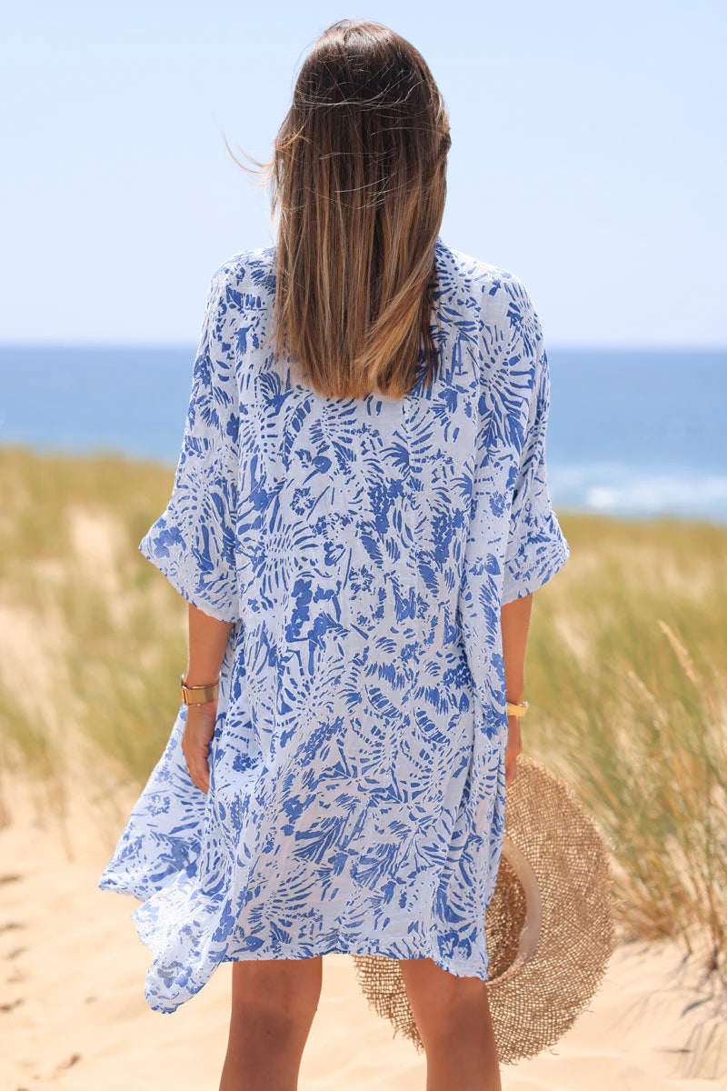 Relaxed Fit Blue Island Print Cotton Dress