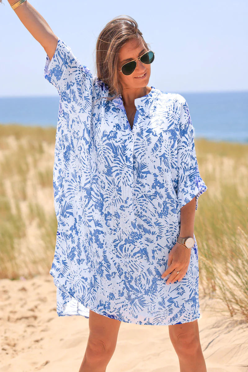 Relaxed Fit Blue Island Print Cotton Dress