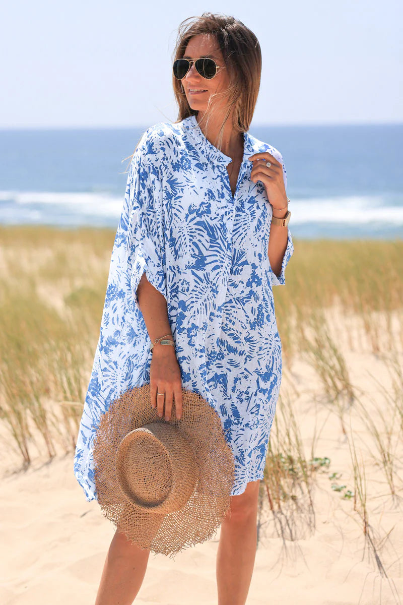 Relaxed Fit Blue Island Print Cotton Dress