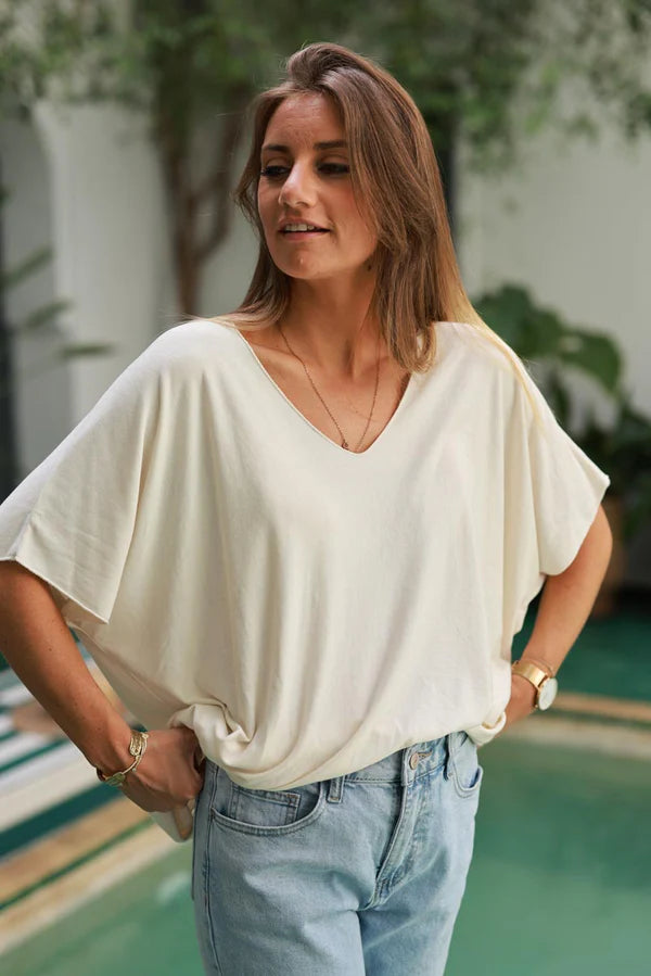 Relaxed Fit Cream V-neck Top