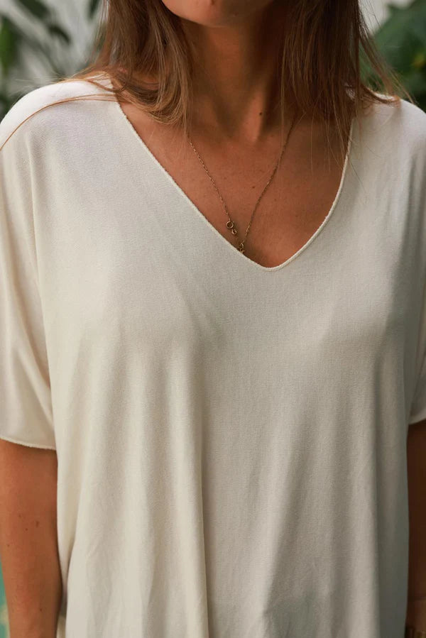 Relaxed Fit Cream V-neck Top
