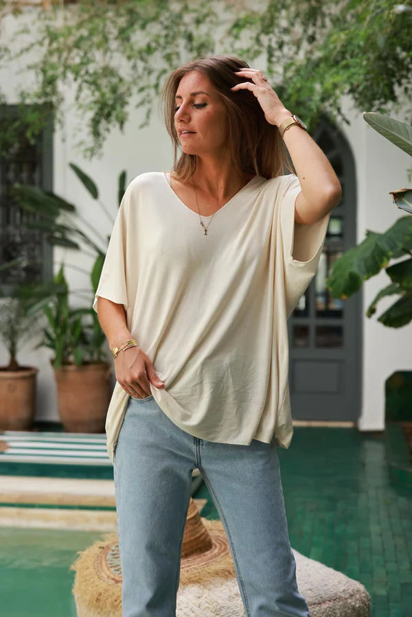 Relaxed Fit Cream V-neck Top
