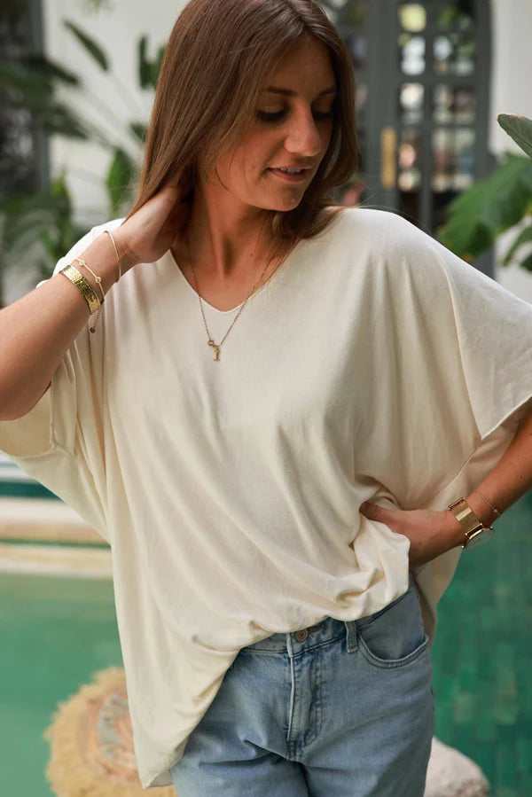 Relaxed Fit Cream V-neck Top