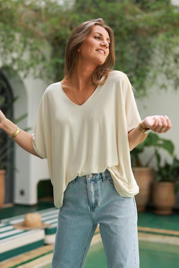 Relaxed Fit Cream V-neck Top