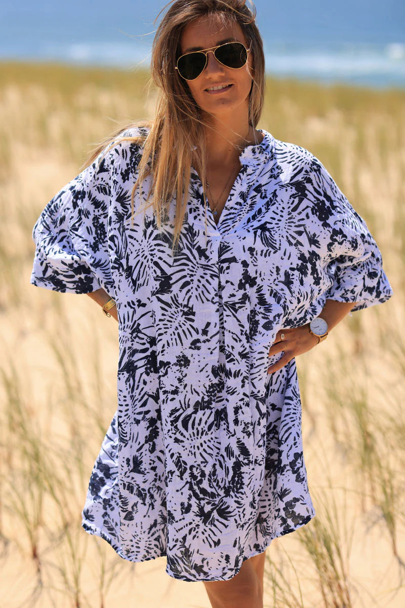 Relaxed Fit Navy Blue Island Print Cotton Dress - Horizons Lointains