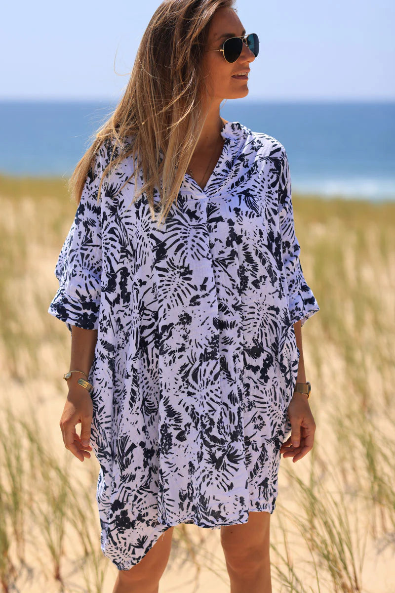 Relaxed Fit Navy Blue Island Print Cotton Dress