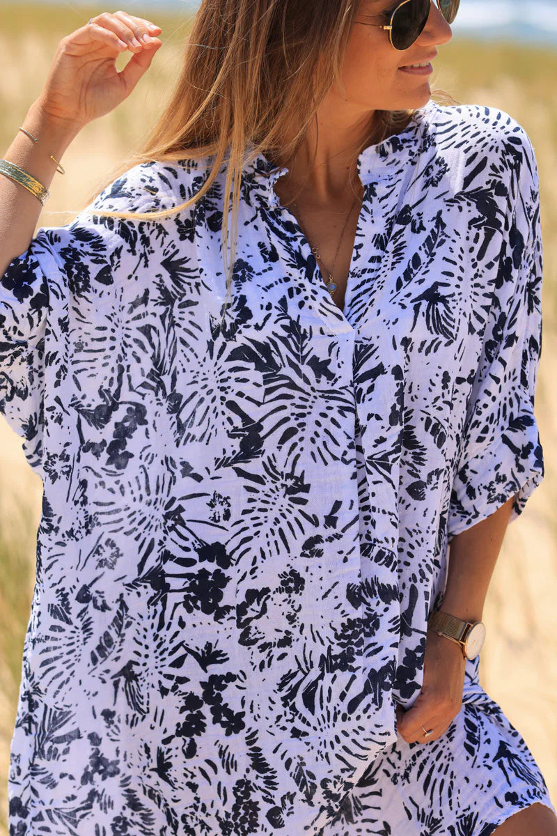 Relaxed Fit Navy Blue Island Print Cotton Dress