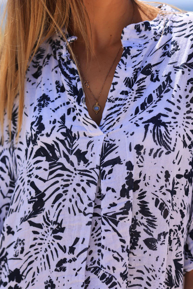 Relaxed Fit Navy Blue Island Print Cotton Dress