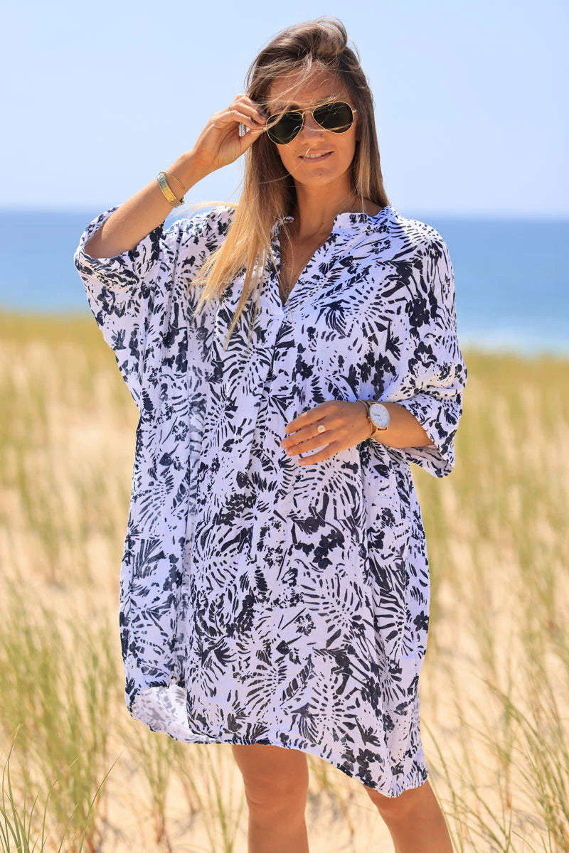 Relaxed Fit Navy Blue Island Print Cotton Dress