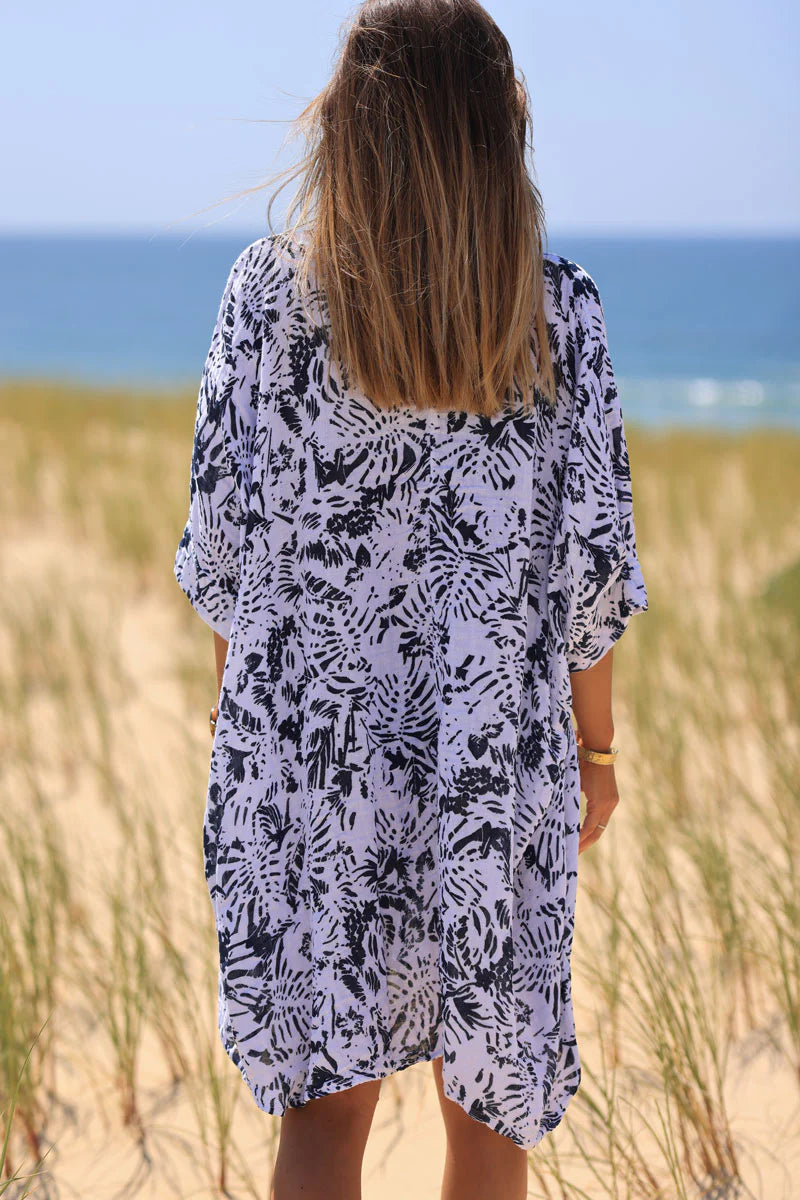 Relaxed Fit Navy Blue Island Print Cotton Dress