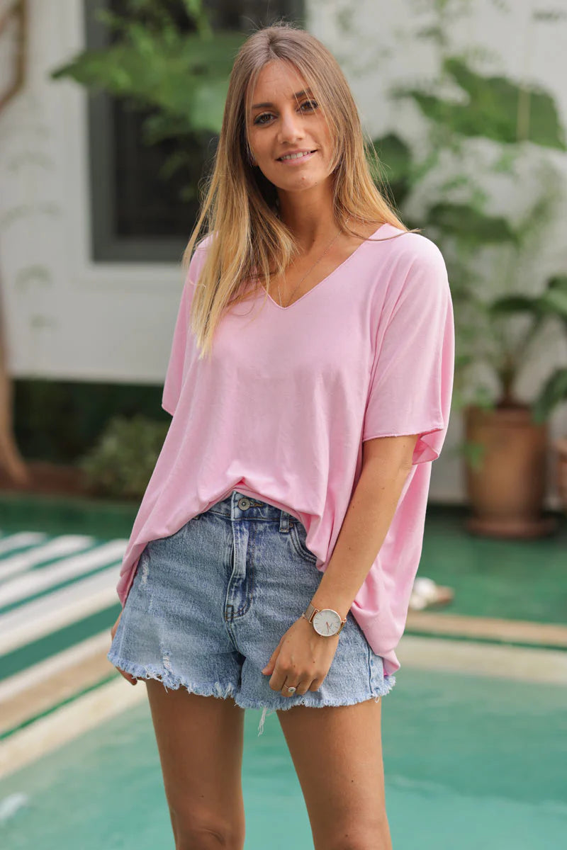 Relaxed fit soft pink v-neck top